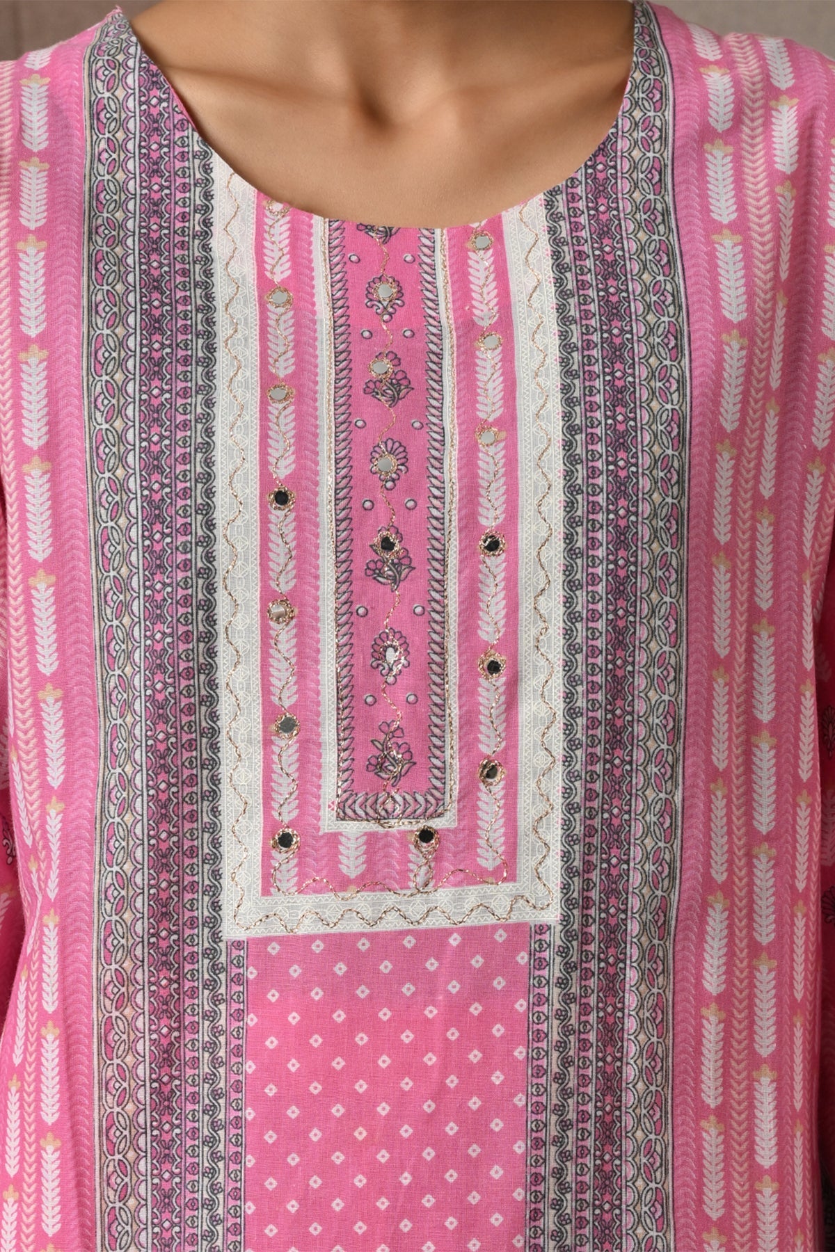 Pink Geometric & Floral Printed Kurta 3 Pcs Set