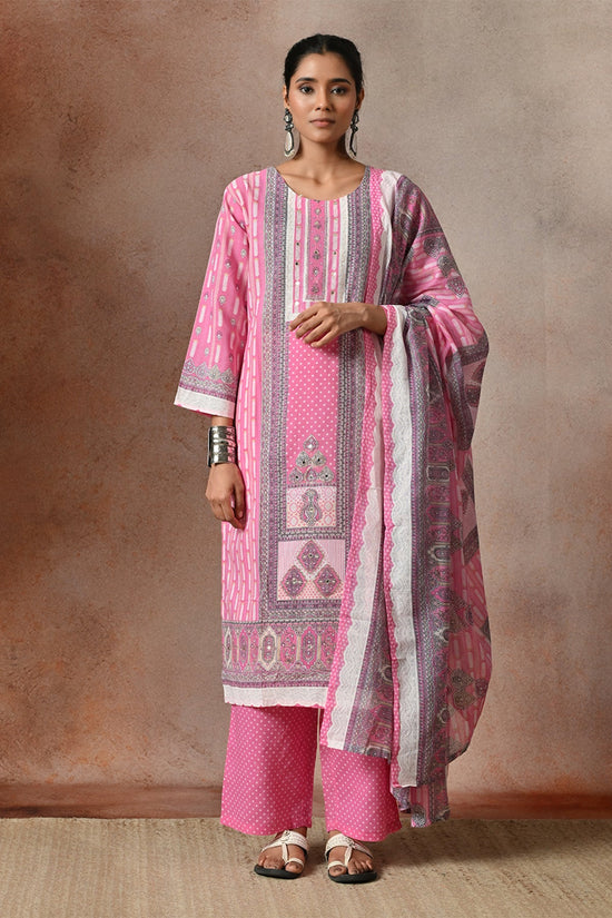 Pink Geometric & Floral Printed Kurta 3 Pcs Set