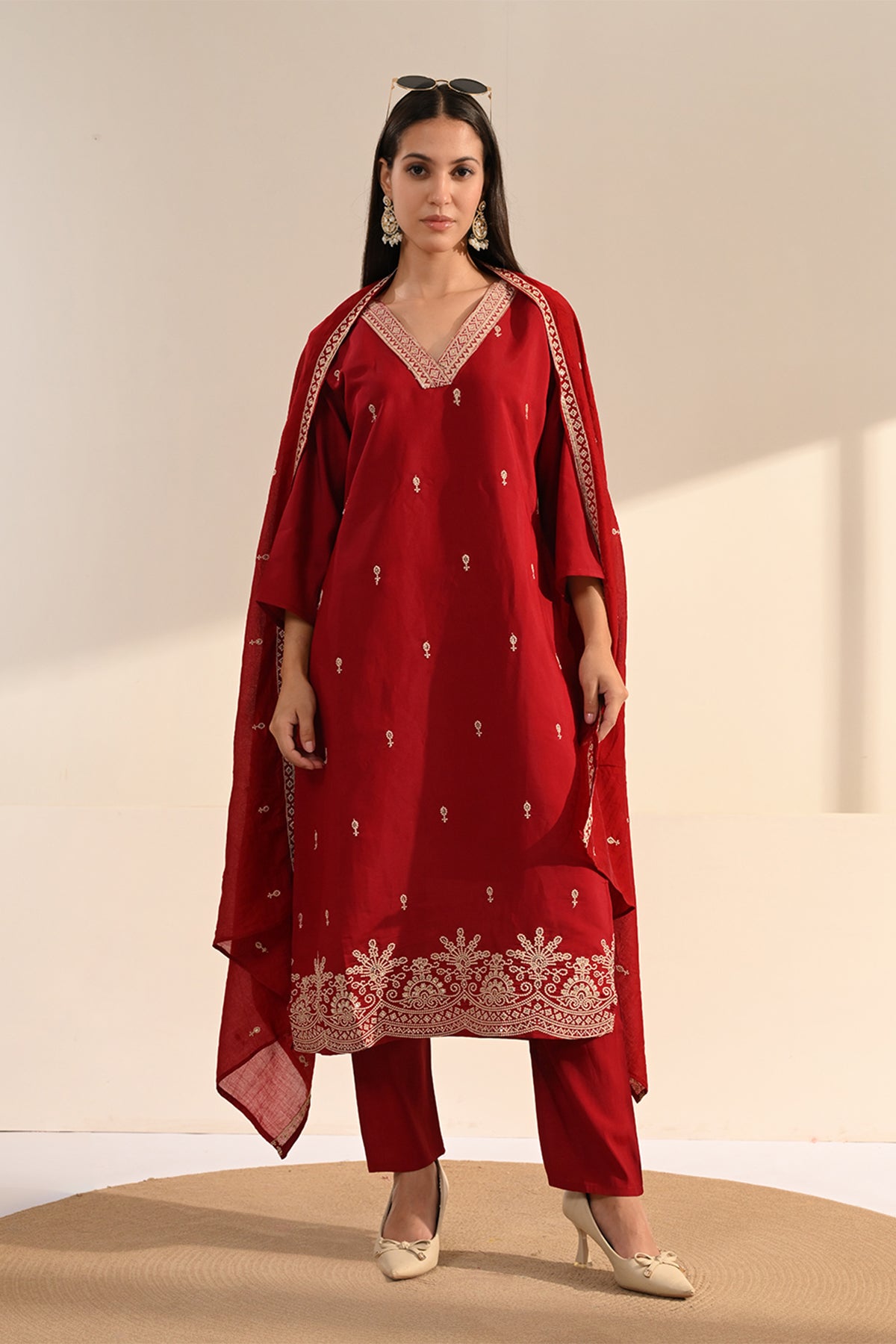 Maroon Sequin-Embroidered Kurta 3 Pcs Set