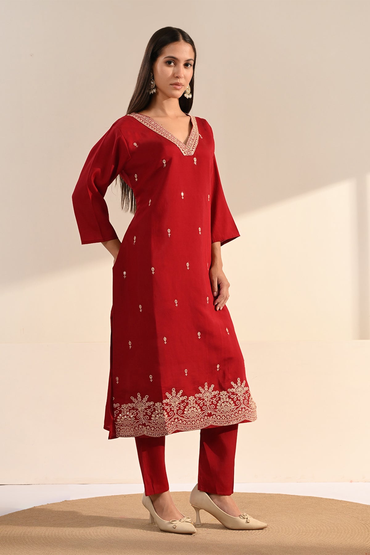 Maroon Sequin-Embroidered Kurta 3 Pcs Set