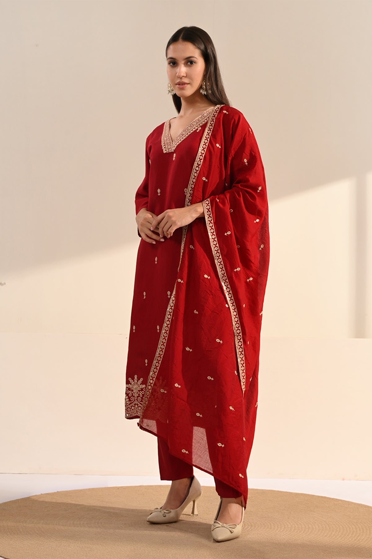 Maroon Sequin-Embroidered Kurta 3 Pcs Set