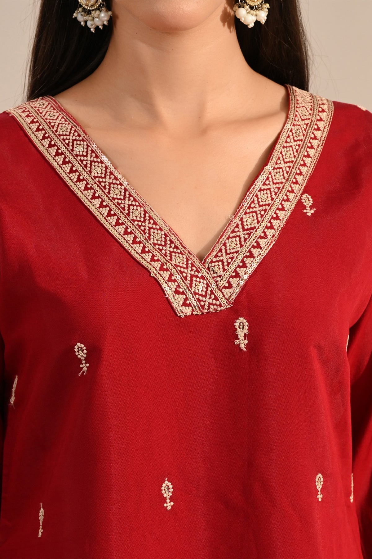 Maroon Sequin-Embroidered Kurta 3 Pcs Set