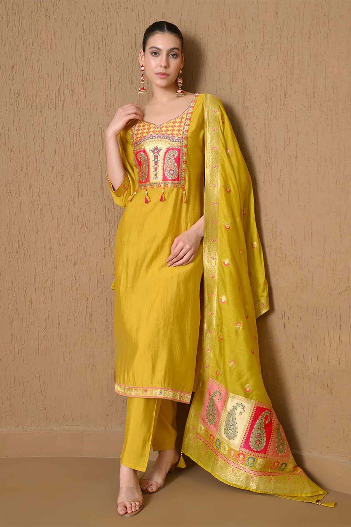 Yellow Embroidered Chanderi Kurta 3 Pcs Set