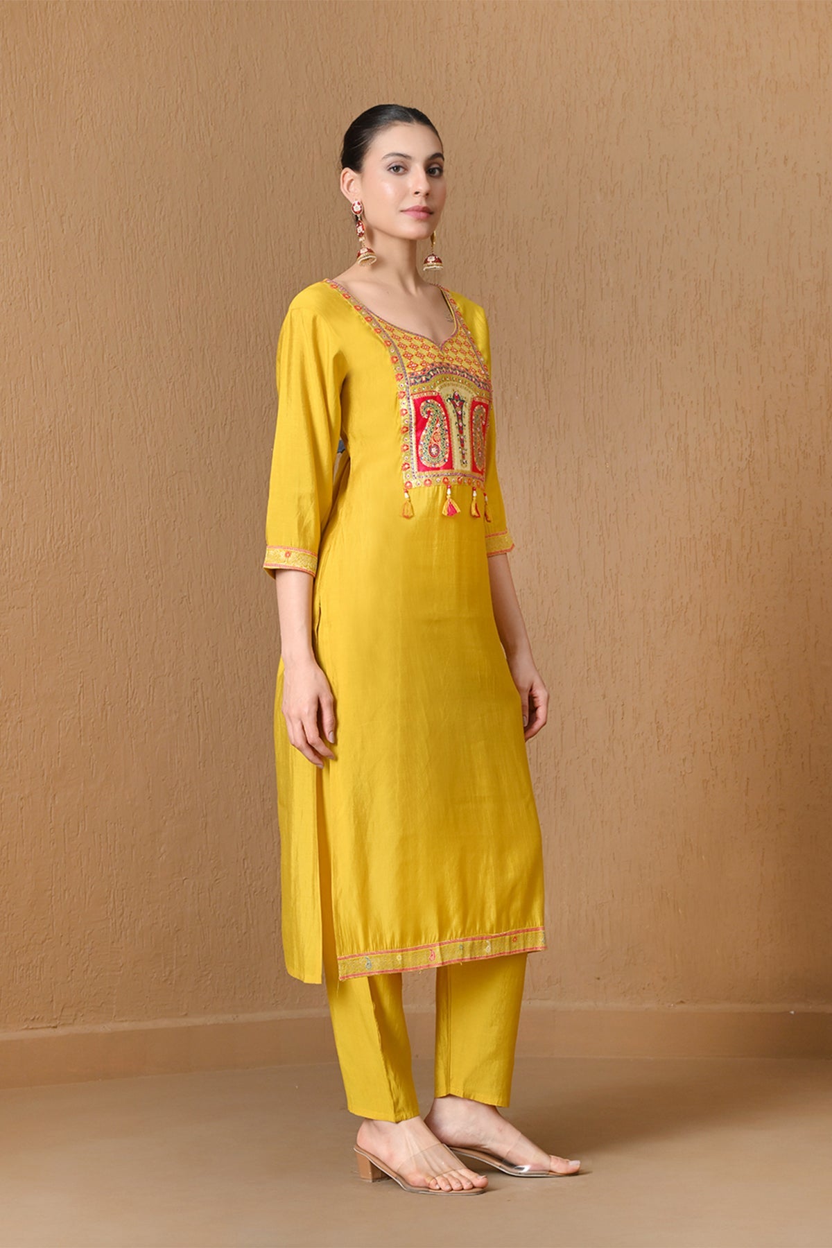 Yellow Embroidered Chanderi Kurta 3 Pcs Set