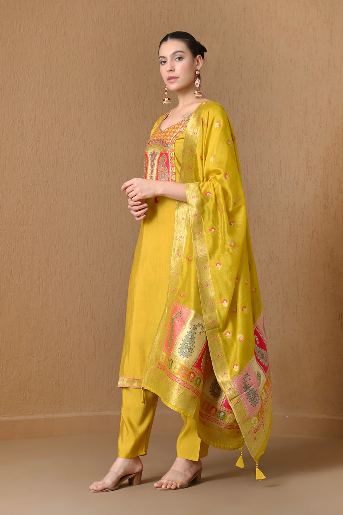 Yellow Embroidered Chanderi Kurta 3 Pcs Set