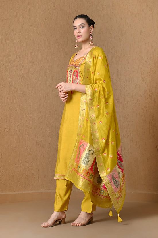 Yellow Embroidered Chanderi Kurta 3 Pcs Set