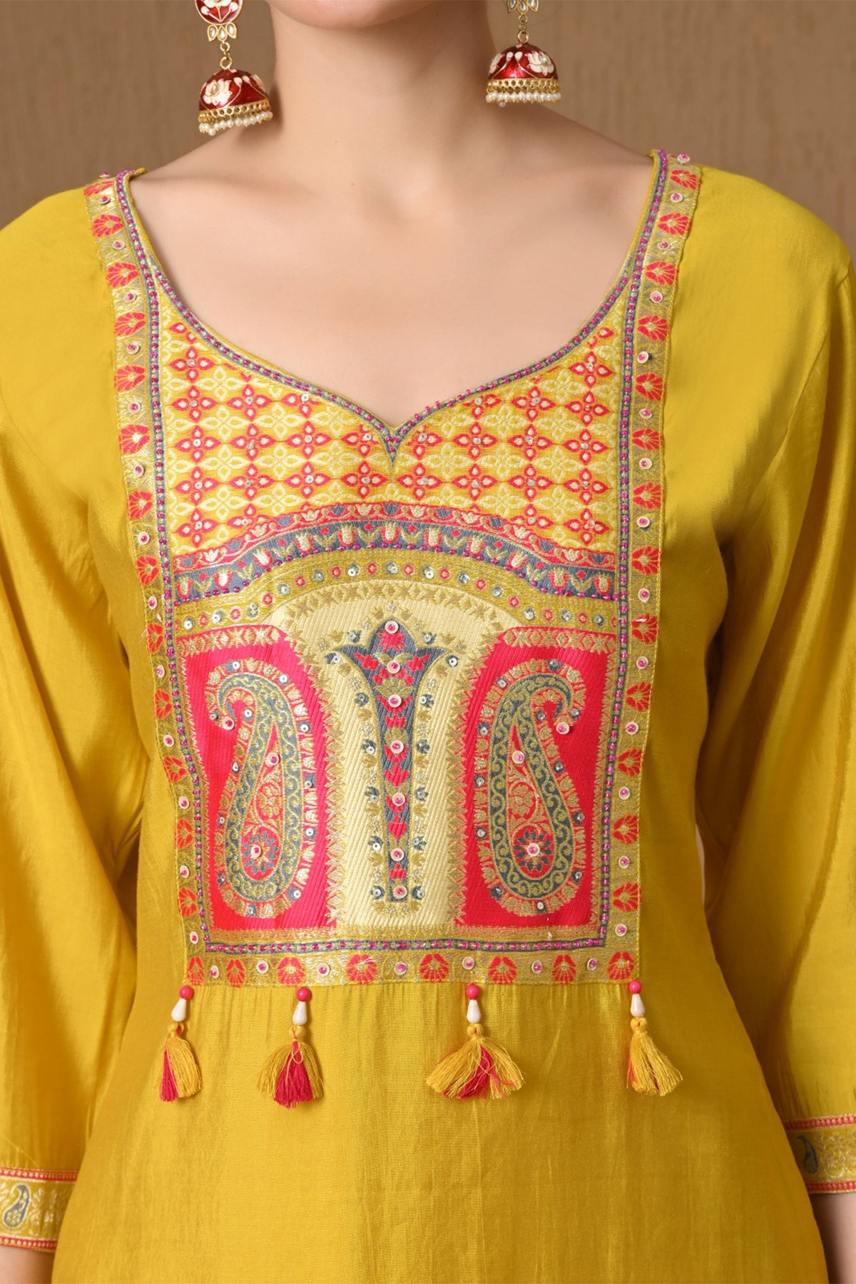 Yellow Embroidered Chanderi Kurta 3 Pcs Set