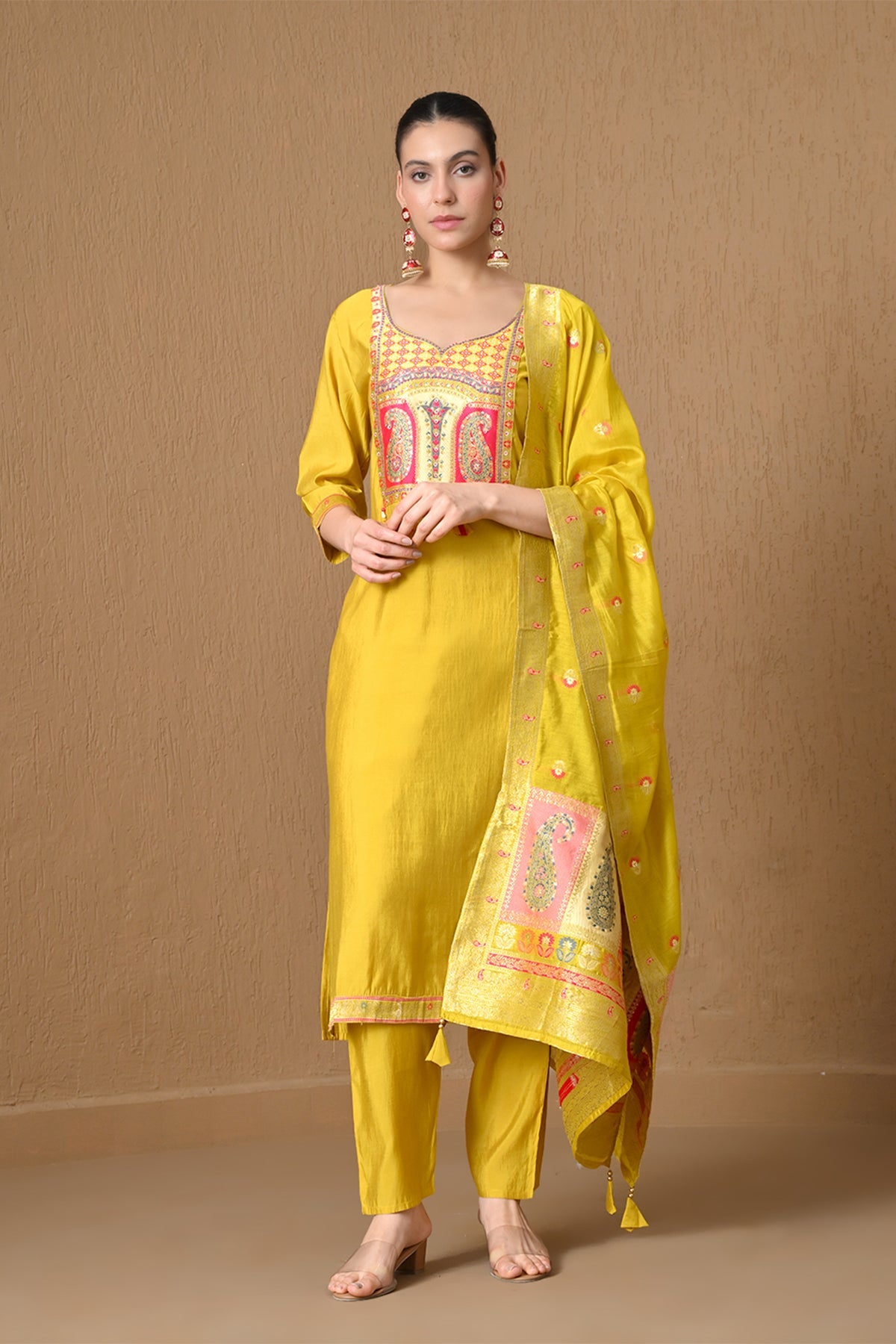 Yellow Embroidered Chanderi Kurta 3 Pcs Set