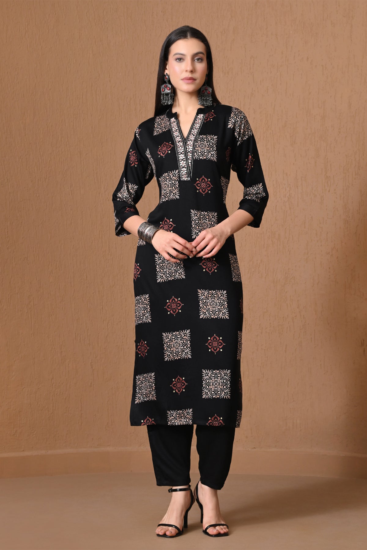 Black Block Printed Kurta 2 Pcs Set