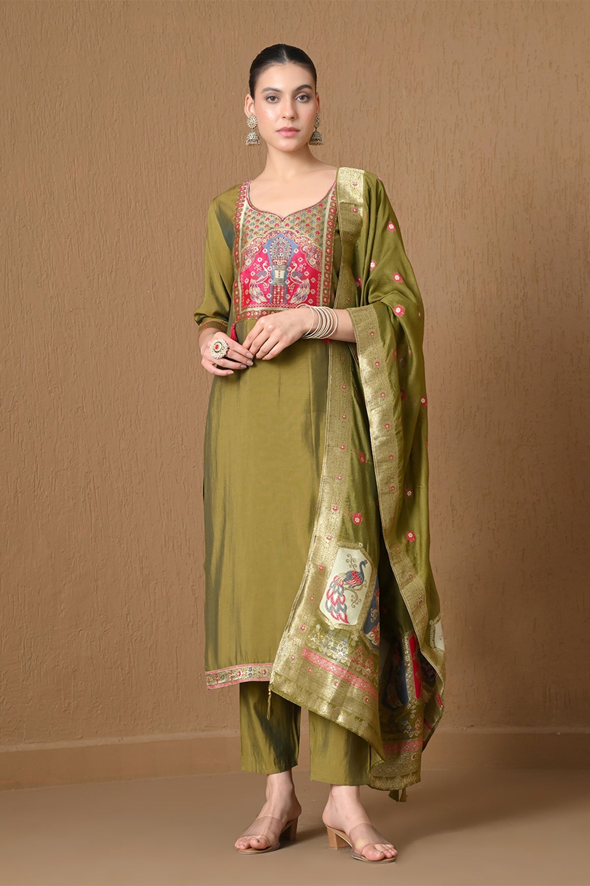 Olive Green Embroidered  Kurta 3 Pcs Set