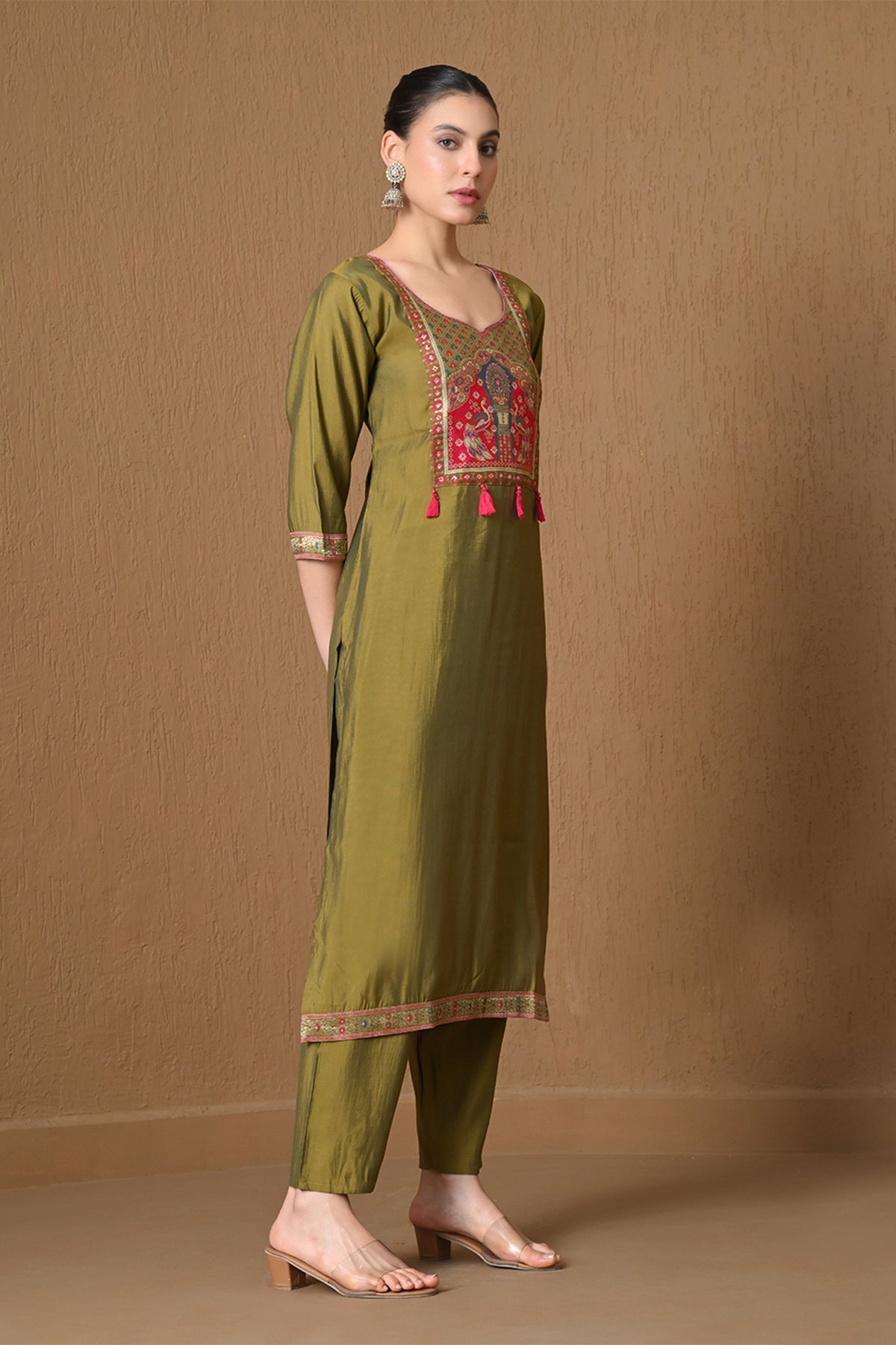 Olive Green Embroidered  Kurta 3 Pcs Set