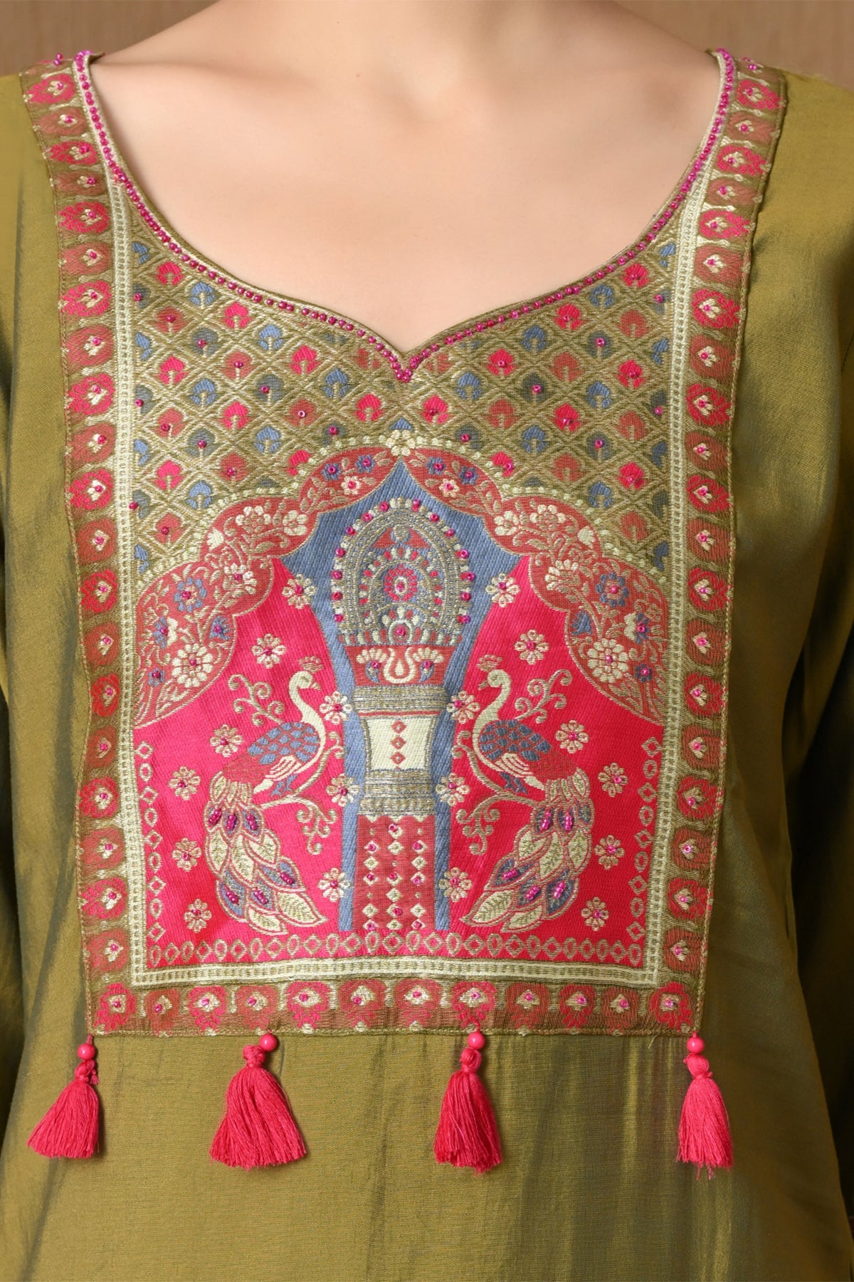 Olive Green Embroidered  Kurta 3 Pcs Set
