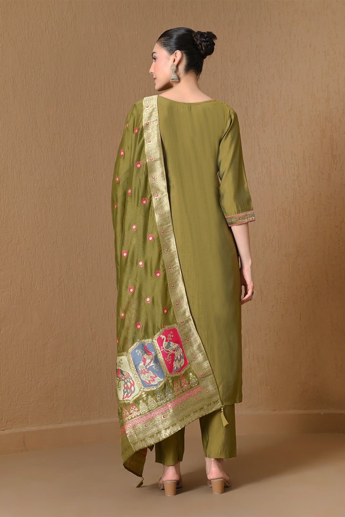Olive Green Embroidered  Kurta 3 Pcs Set