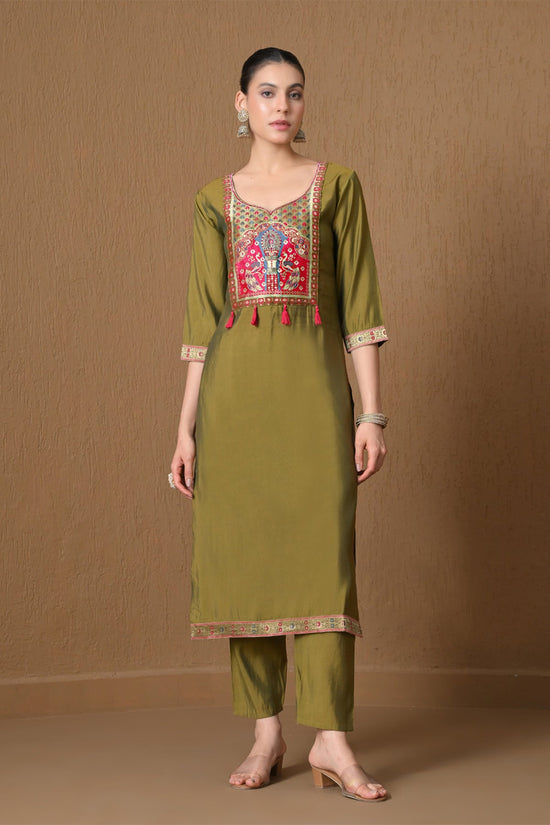 Olive Green Embroidered  Kurta 3 Pcs Set