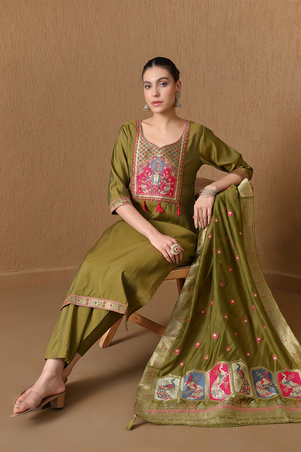 Olive Green Embroidered  Kurta 3 Pcs Set