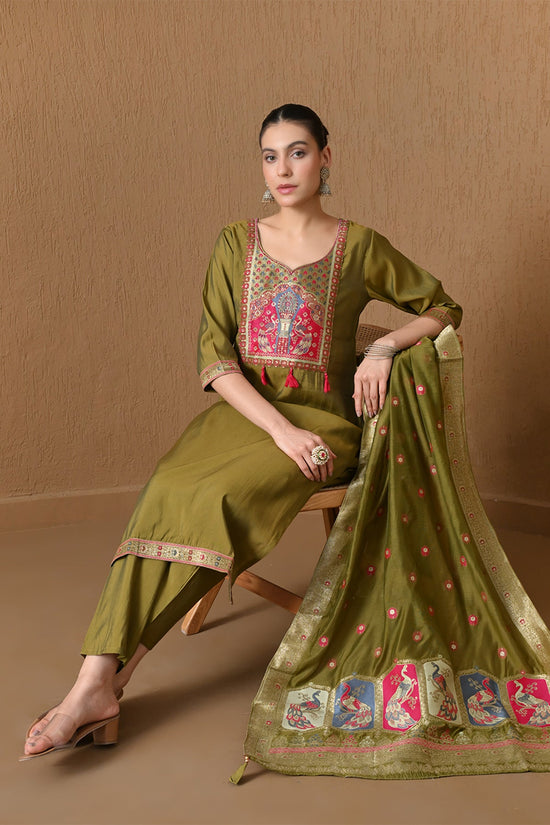 Olive Green Embroidered  Kurta 3 Pcs Set