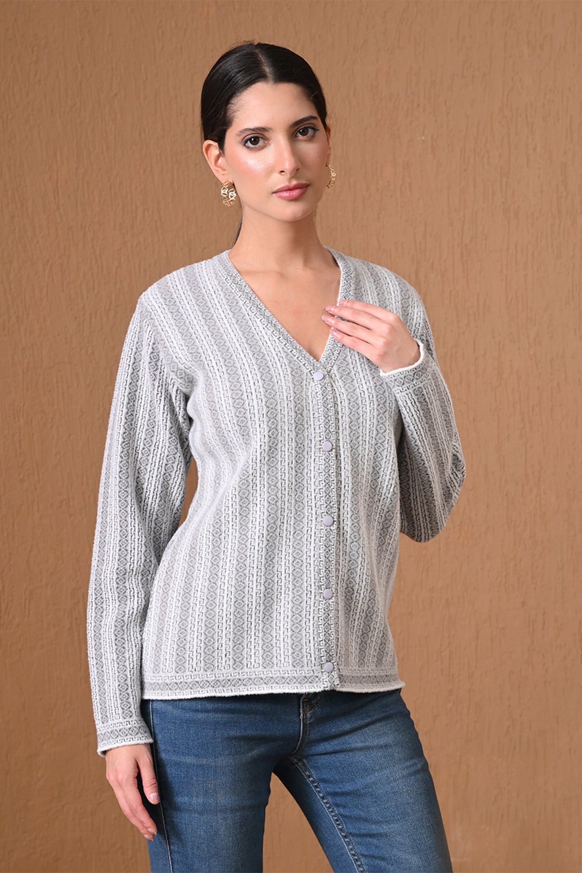 Winter Grey Patterned Knitted Cardigan