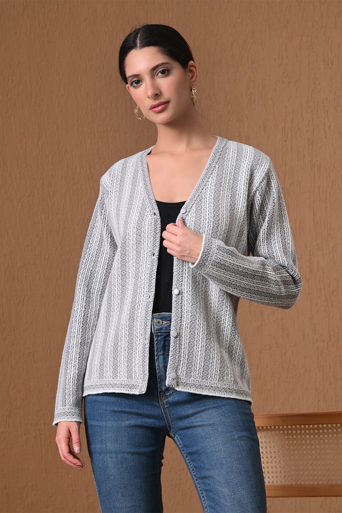 Winter Grey Patterned Knitted Cardigan