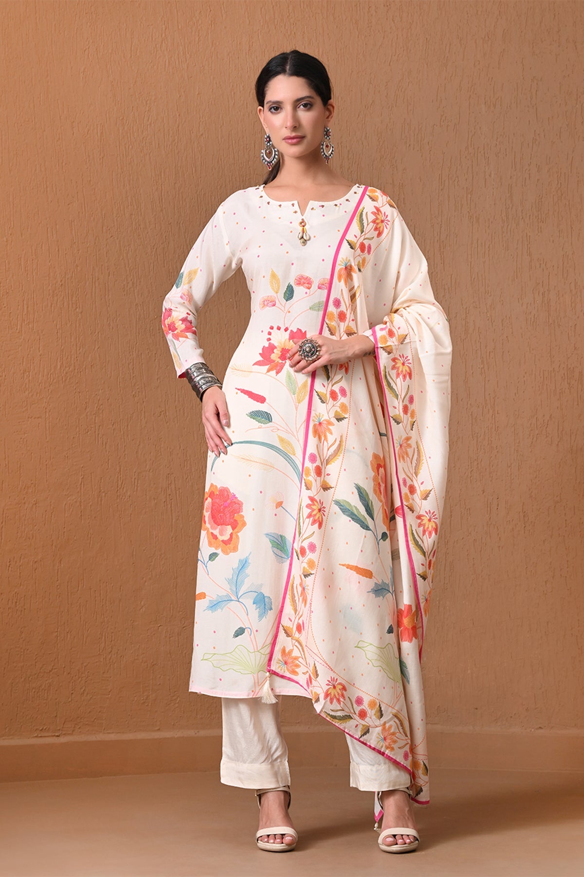 Cream Floral Printed Muslin 3 Pcs Kurta Set