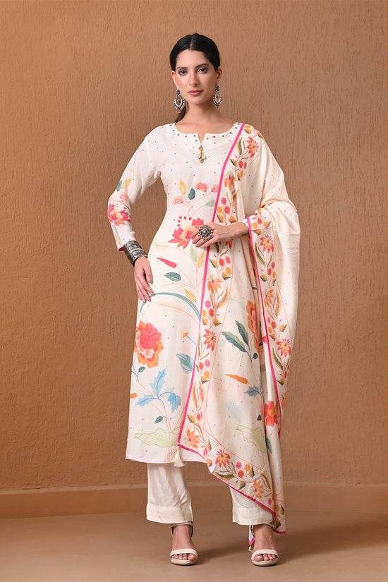 Cream Floral Printed Muslin 3 Pcs Kurta Set