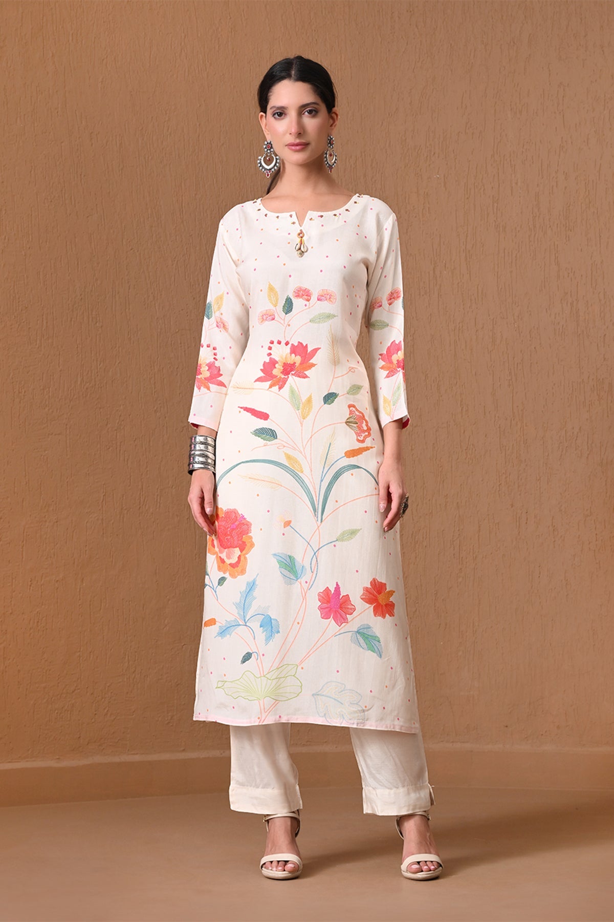 Cream Floral Printed Muslin 3 Pcs Kurta Set