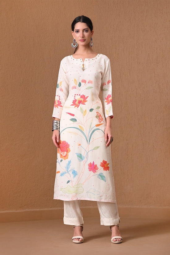 Cream Floral Printed Muslin 3 Pcs Kurta Set