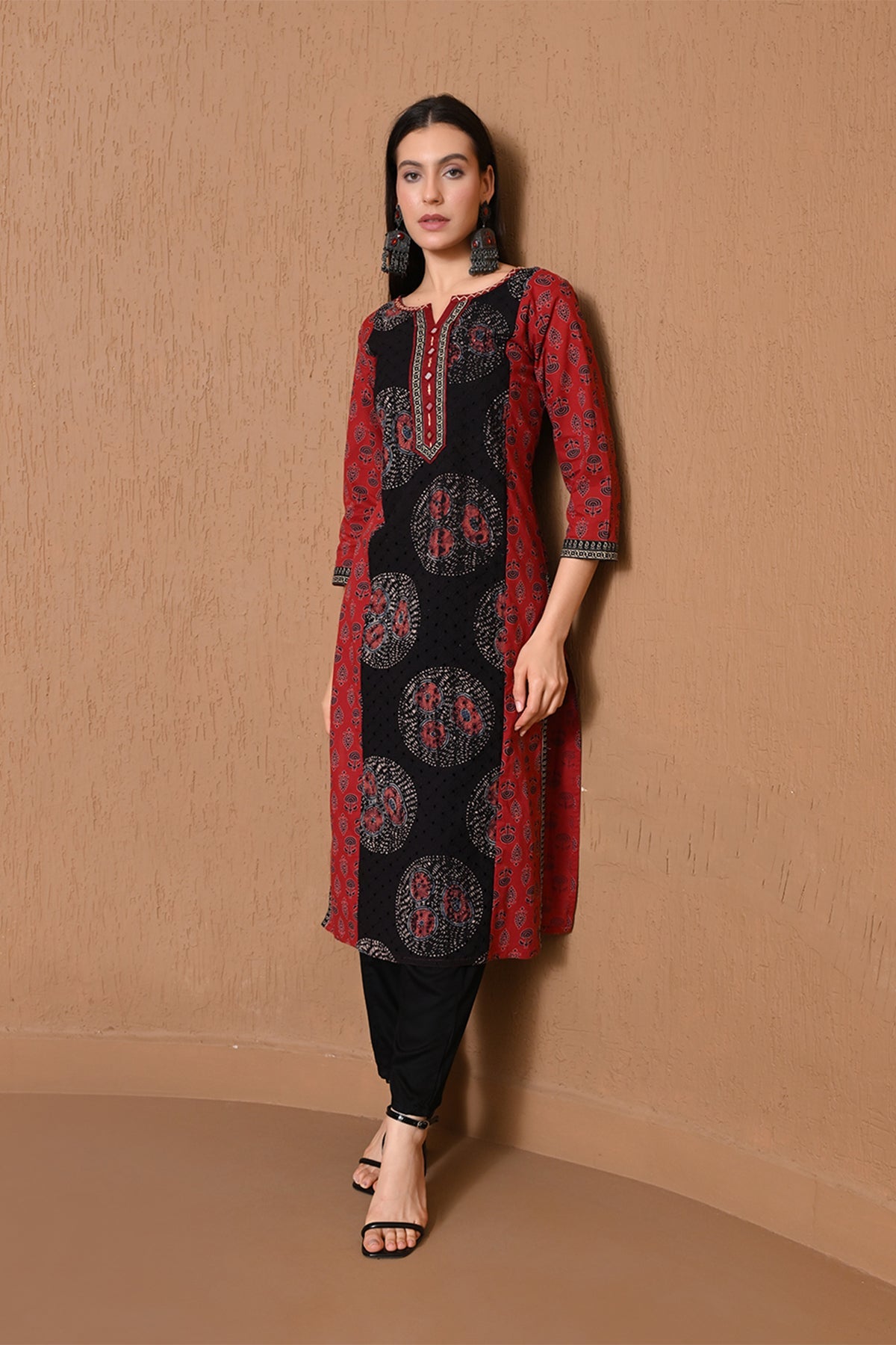 Red & Brown Ethnic Print Kurta