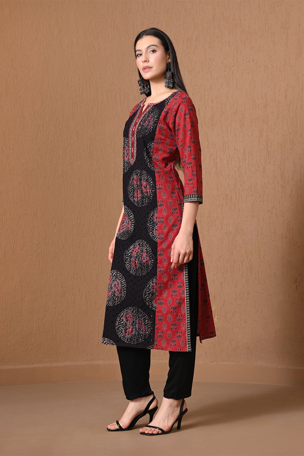 Red & Brown Ethnic Print Kurta