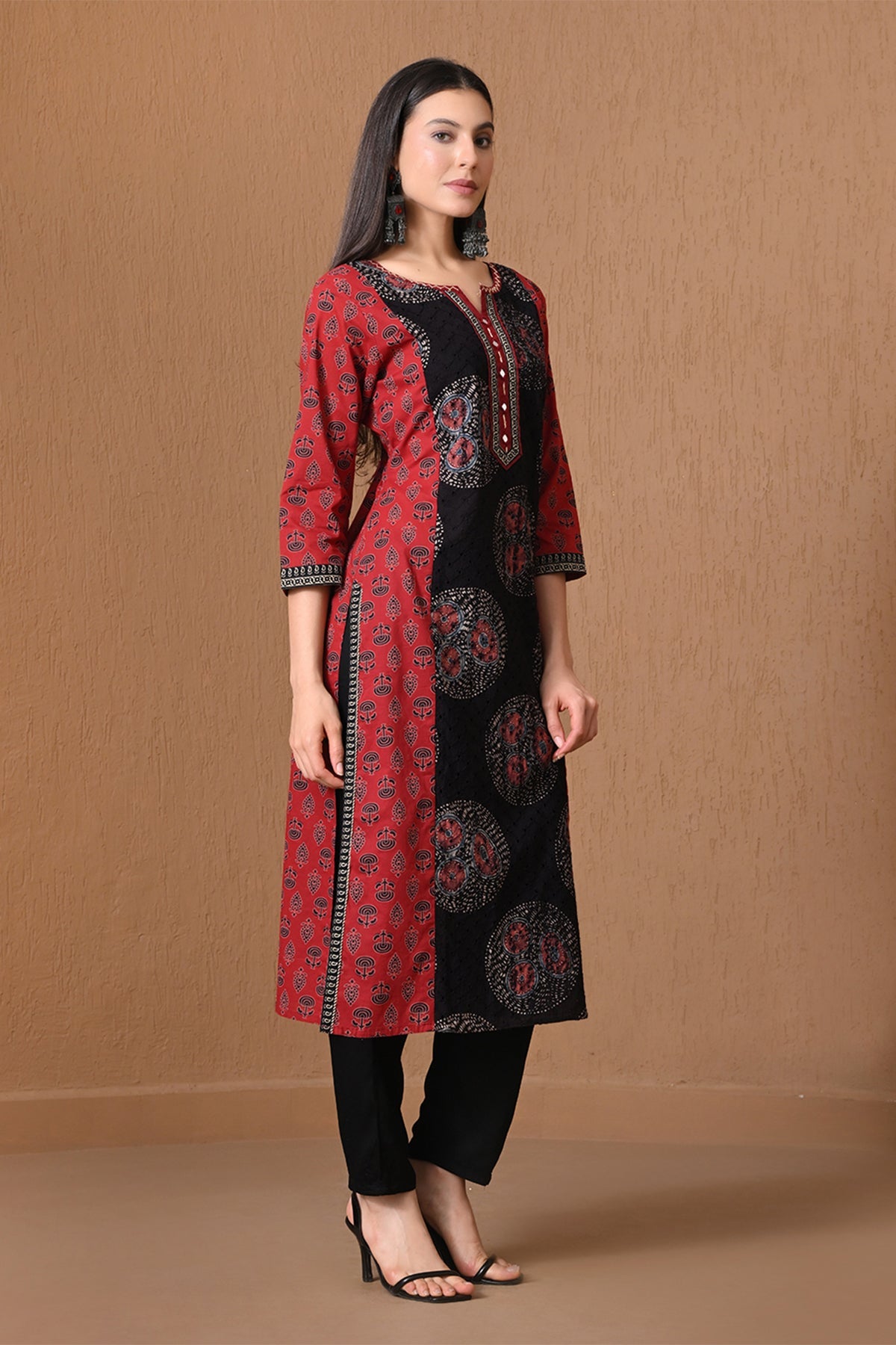 Red & Brown Ethnic Print Kurta