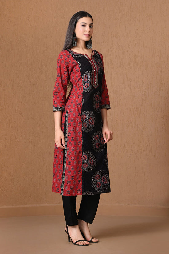 Red & Brown Ethnic Print Kurta