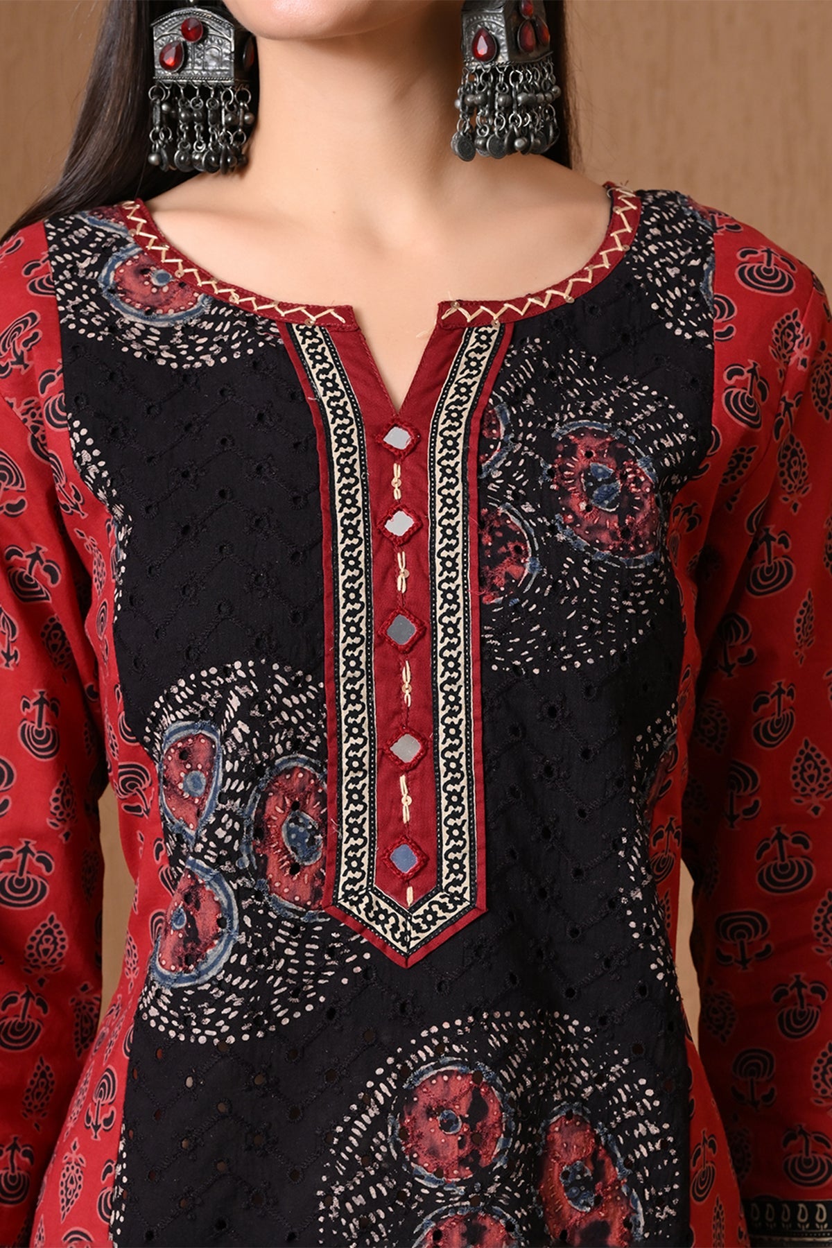 Red & Brown Ethnic Print Kurta