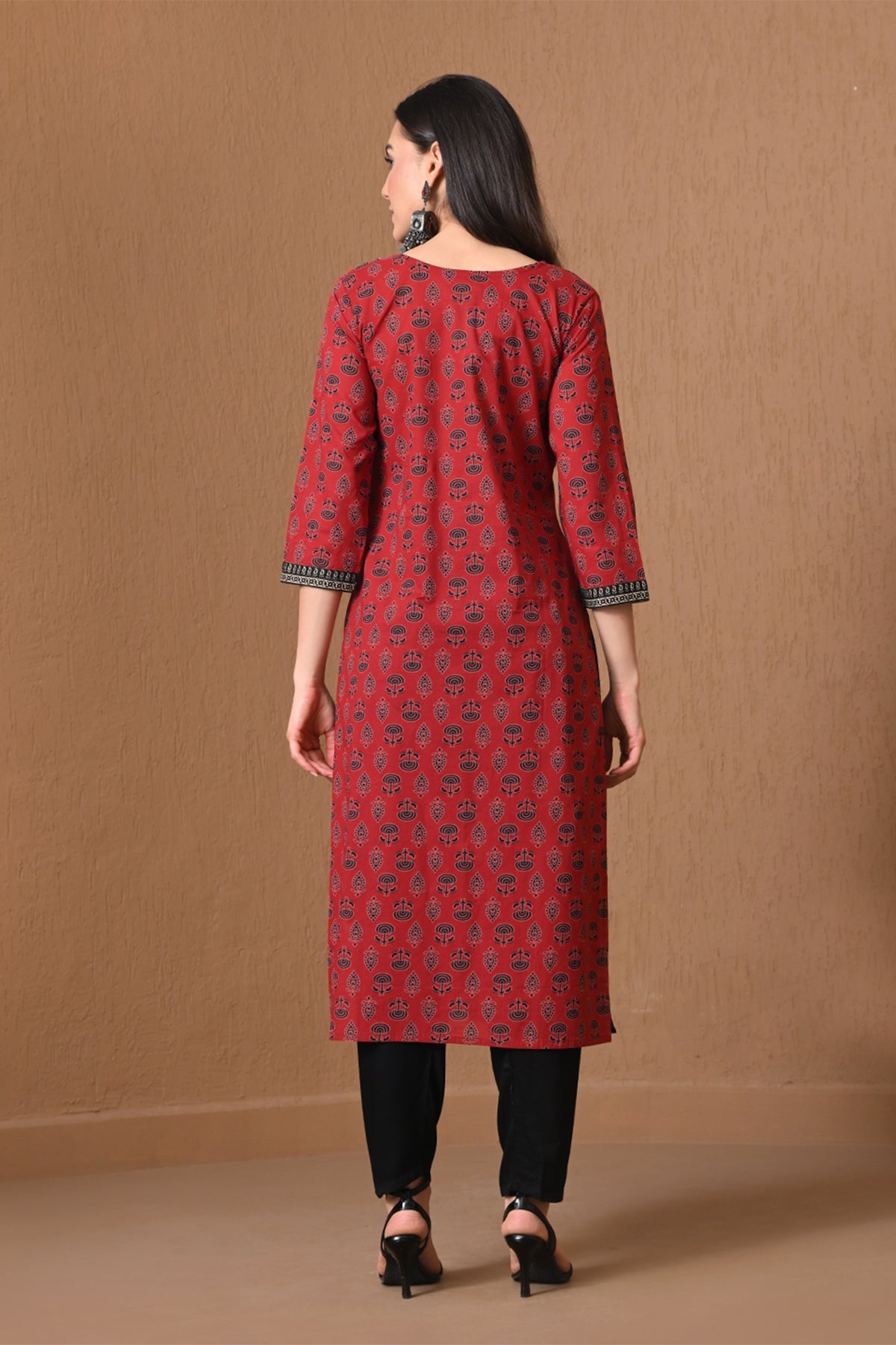 Red & Brown Ethnic Print Kurta