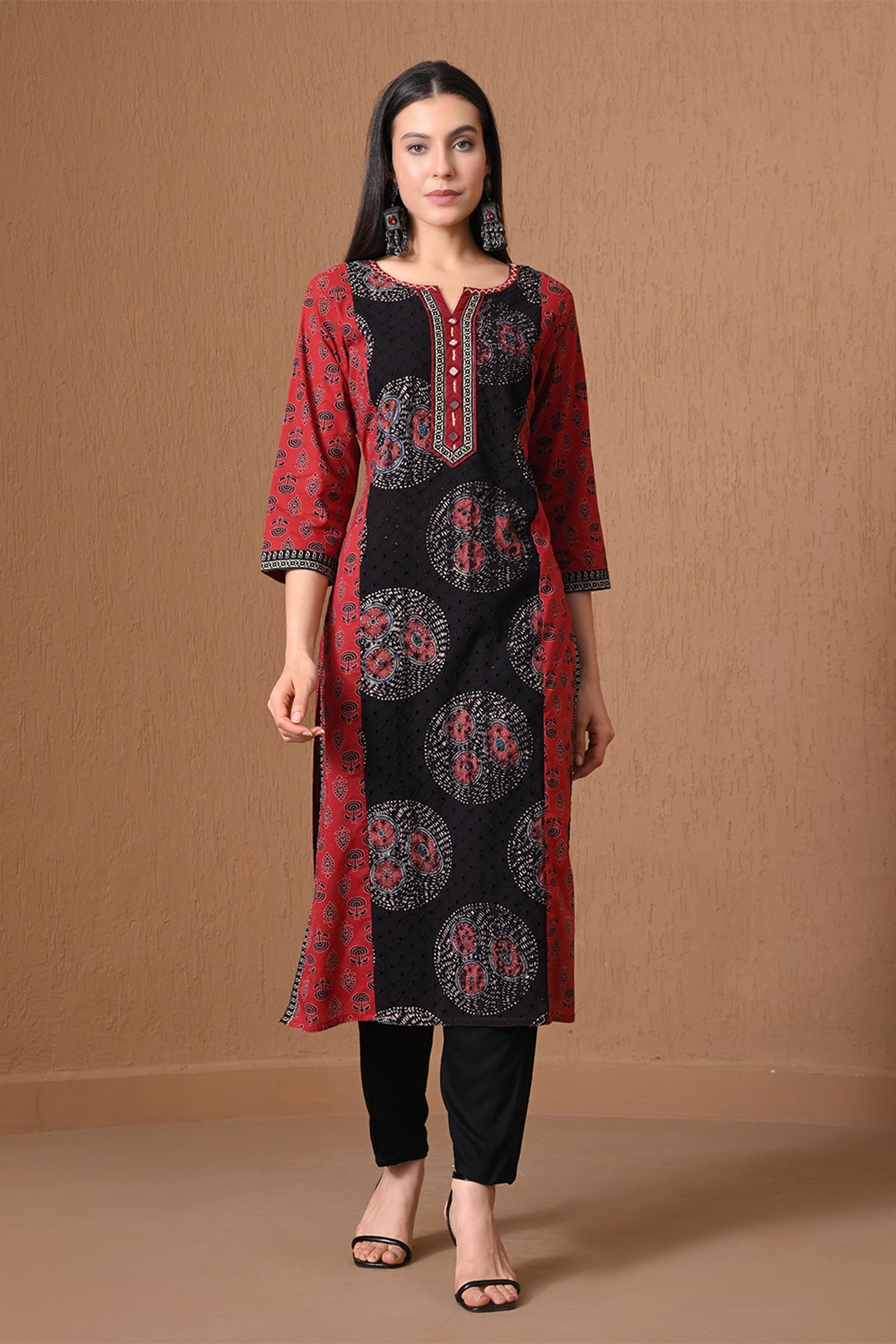 Red & Brown Ethnic Print Kurta