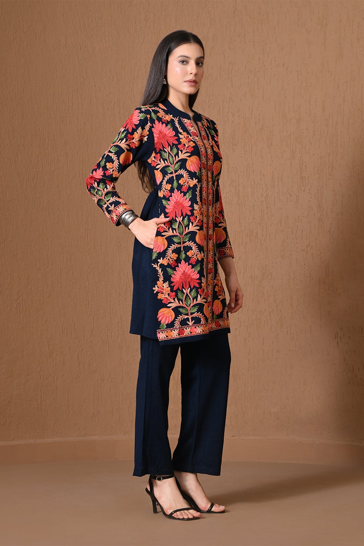 Winter Navy Blue Floral Embroidered Co-ord Set