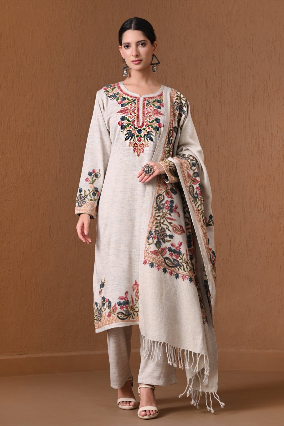 Winter Cream Embroidered Woolen Kurta 3 Pcs Set