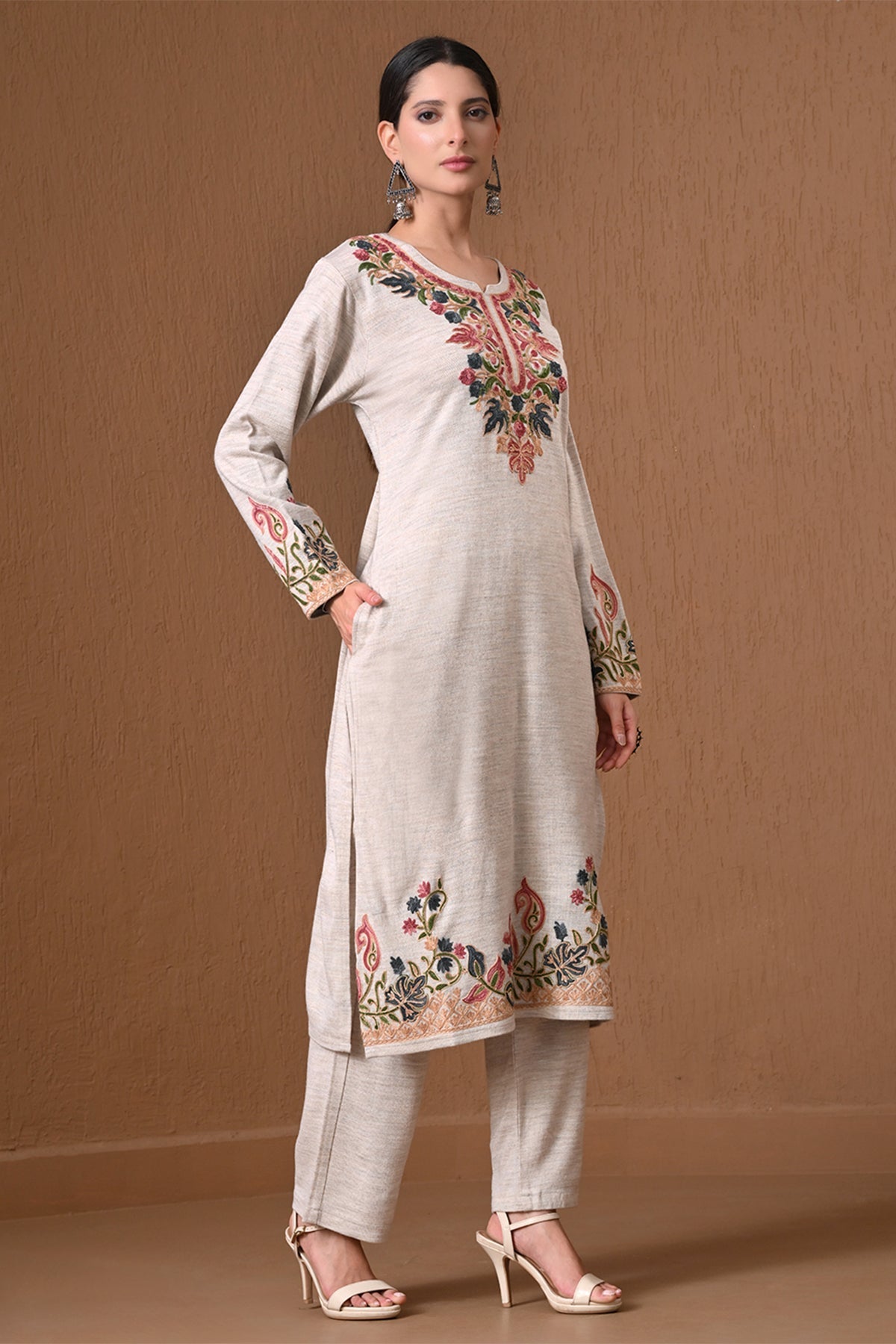 Winter Cream Embroidered Woolen Kurta 3 Pcs Set