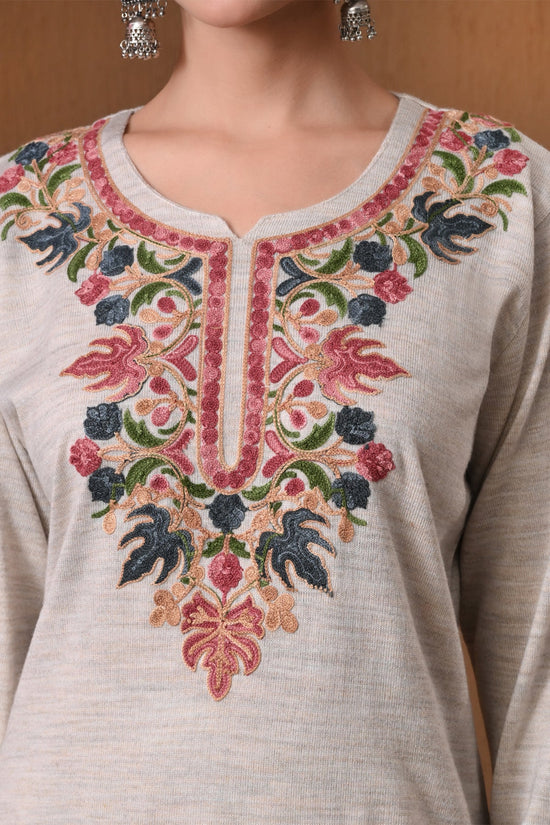 Winter Cream Embroidered Woolen Kurta 3 Pcs Set