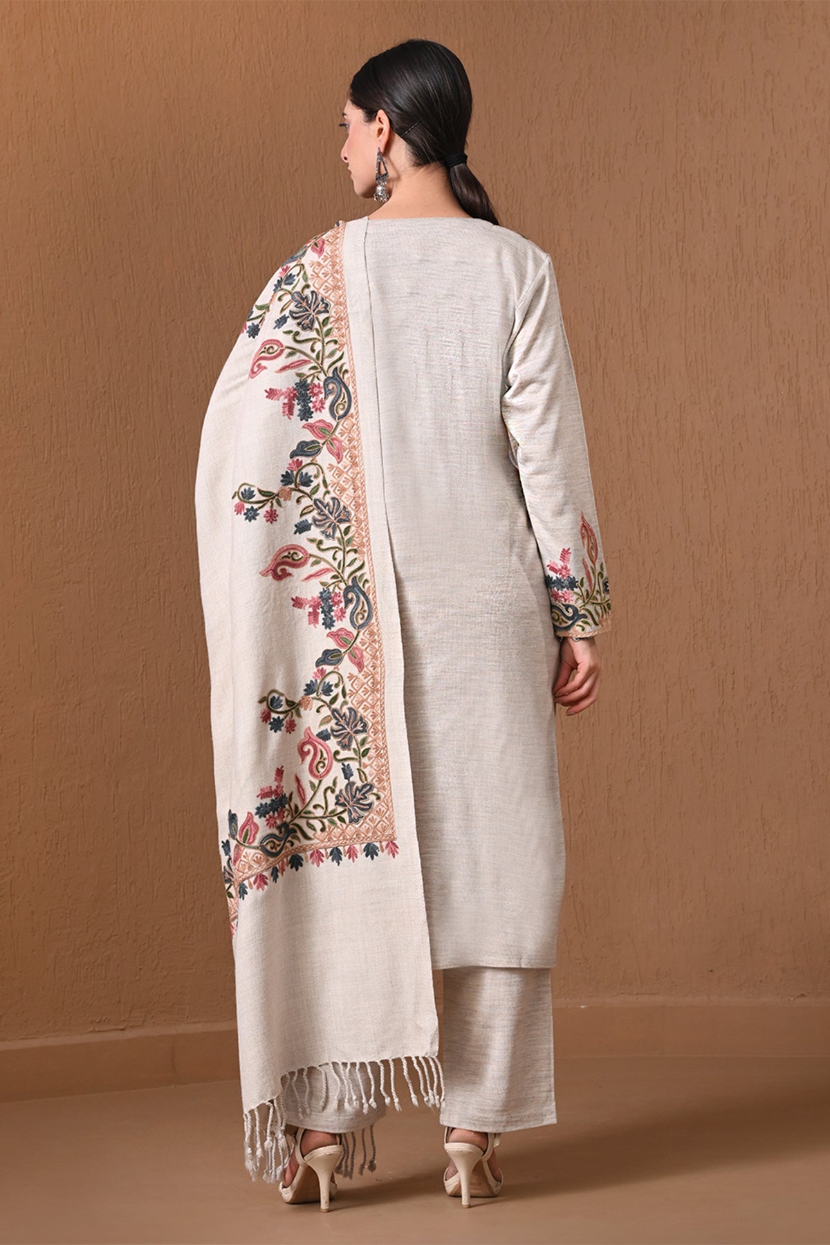 Winter Cream Embroidered Woolen Kurta 3 Pcs Set