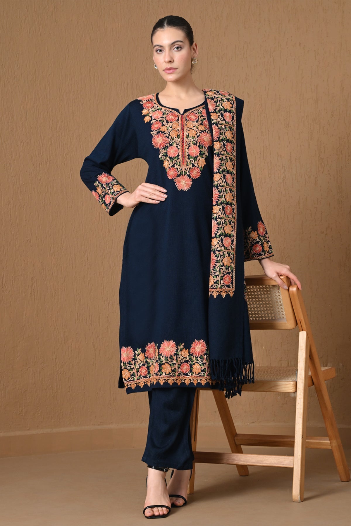 Winter Blue Floral Embroidered Kurta 3 Pcs Set