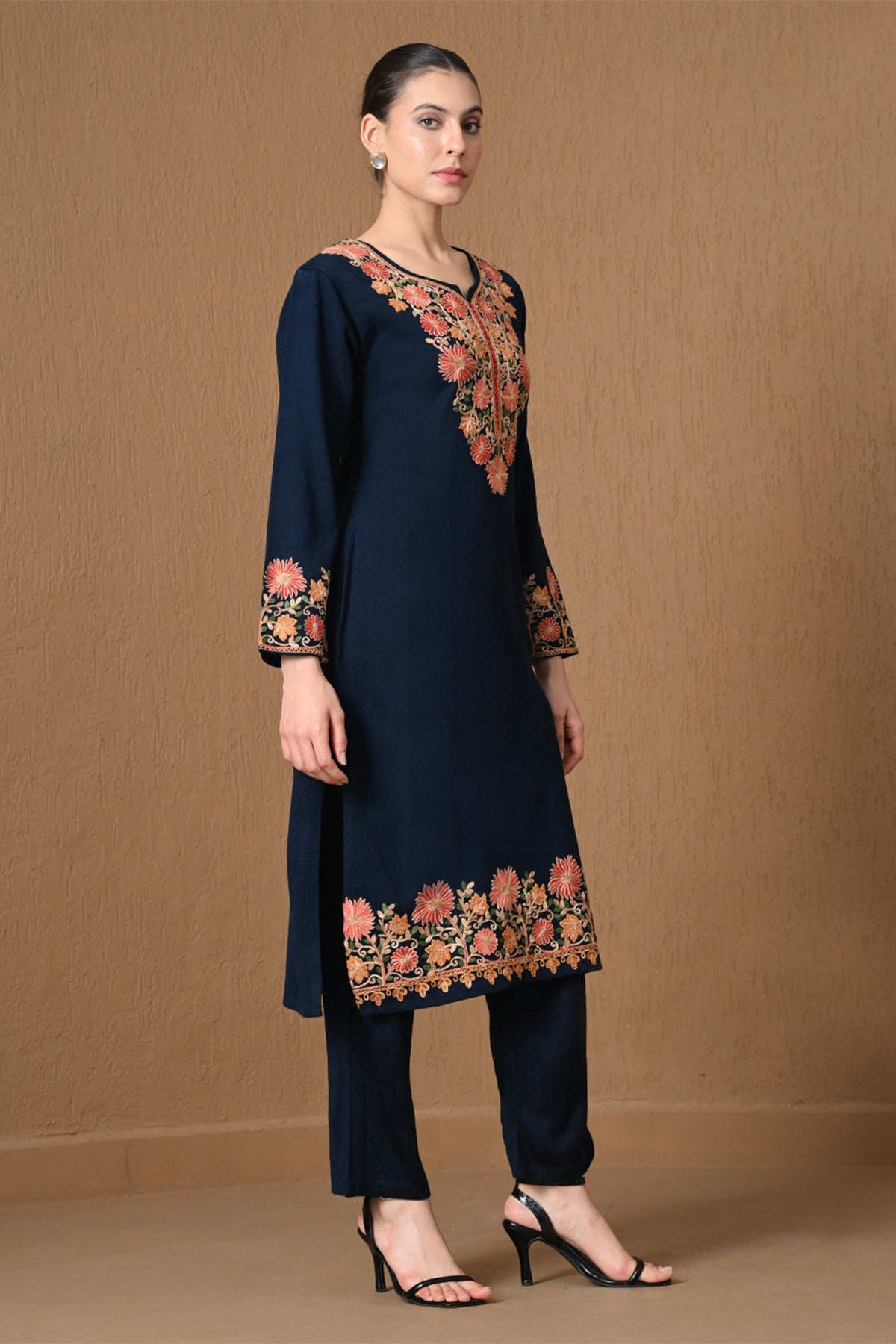 Winter Blue Floral Embroidered Kurta 3 Pcs Set