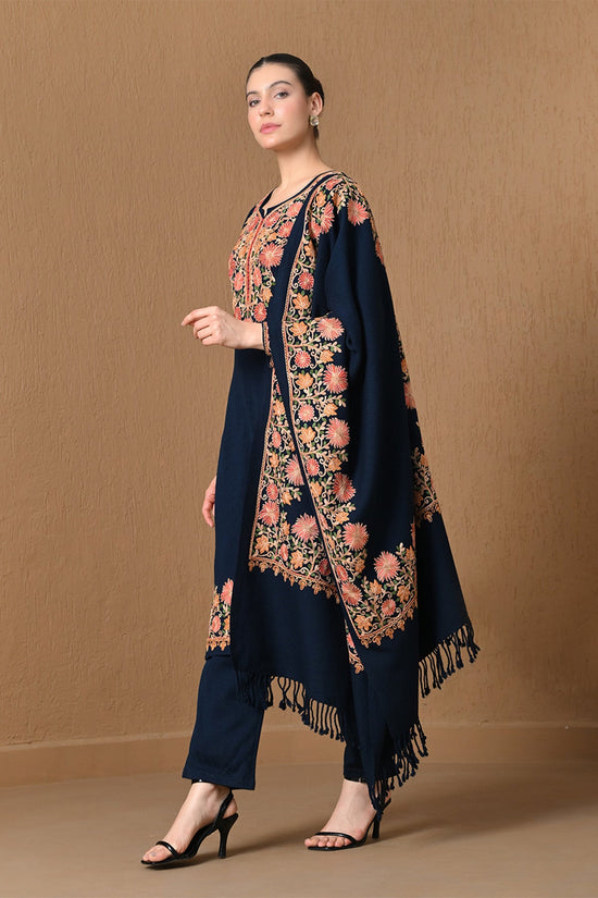 Winter Blue Floral Embroidered Kurta 3 Pcs Set
