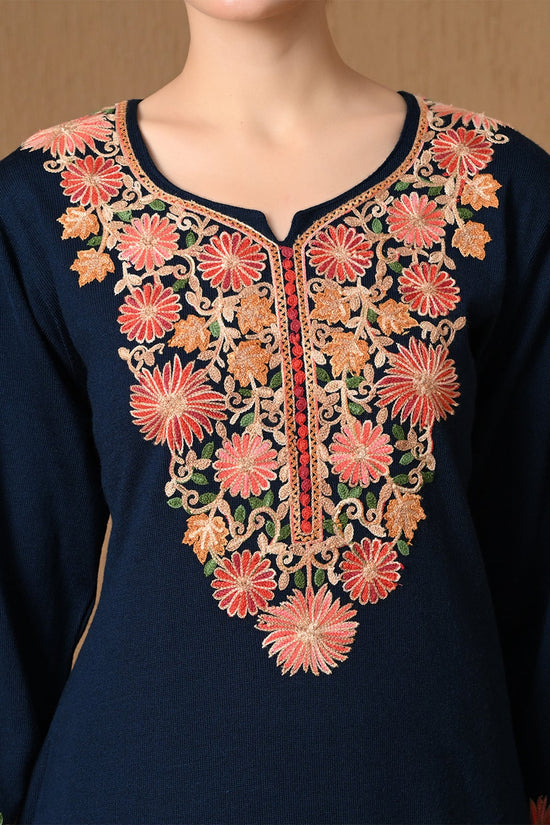 Winter Blue Floral Embroidered Kurta 3 Pcs Set