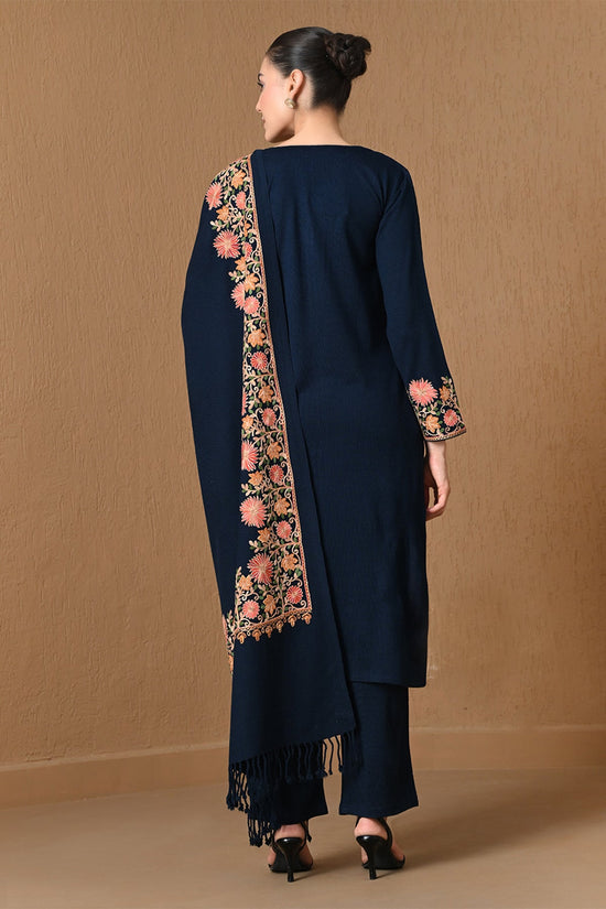 Winter Blue Floral Embroidered Kurta 3 Pcs Set