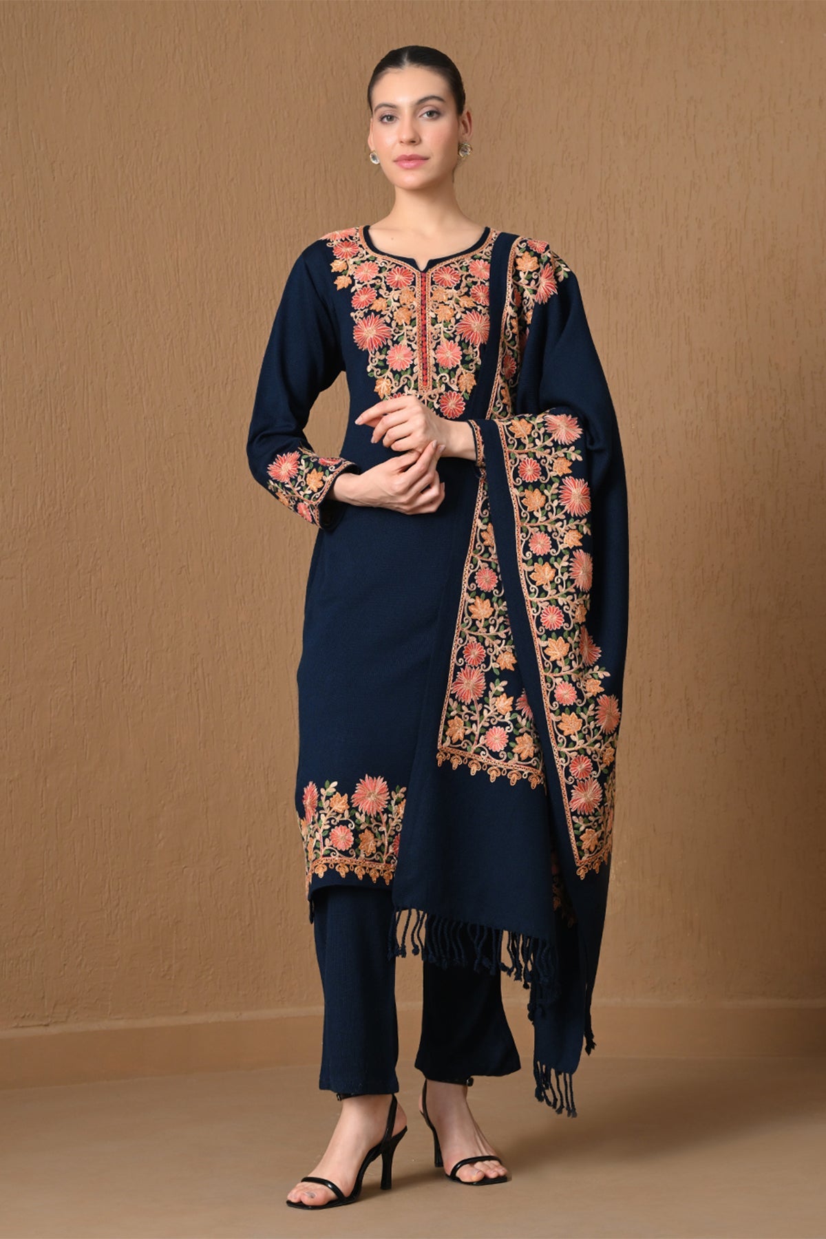 Winter Blue Floral Embroidered Kurta 3 Pcs Set