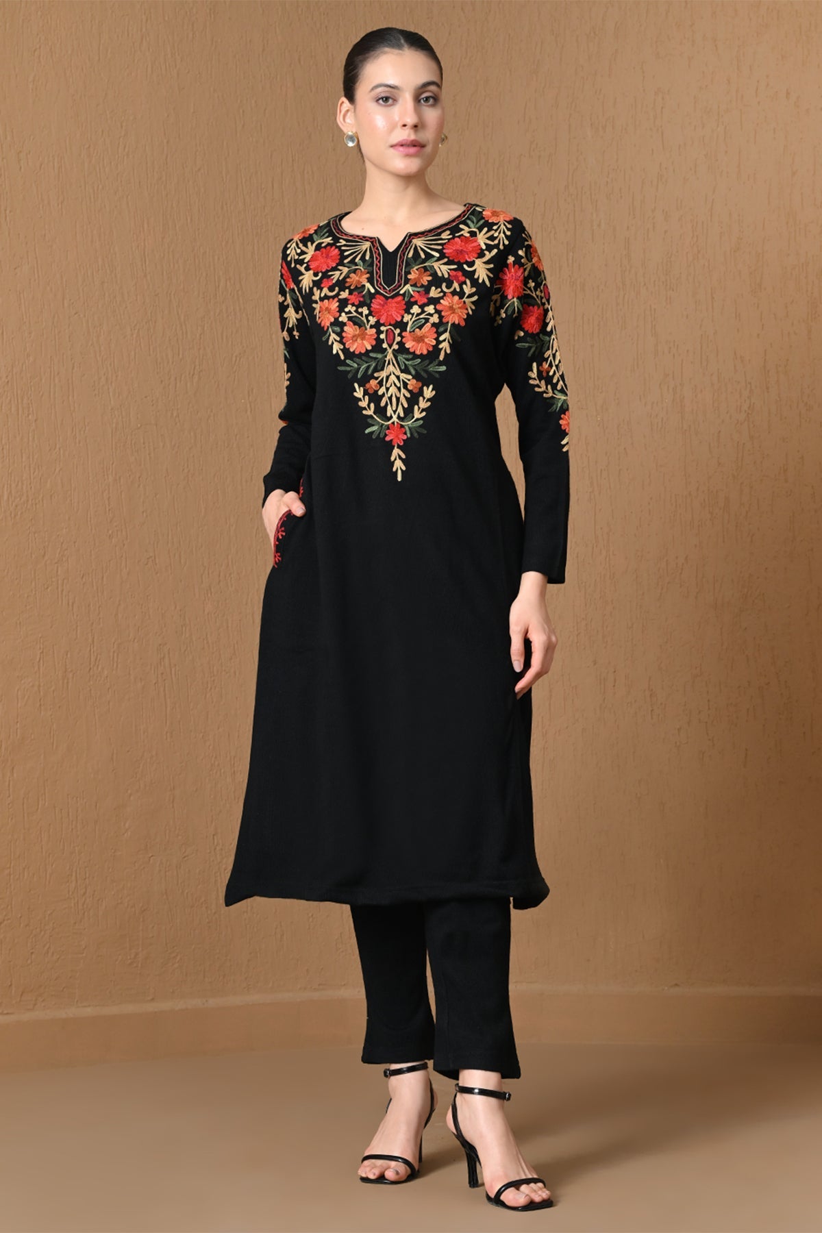 Winter Black Floral Embroidered Woven Kurta 2 Pcs Set