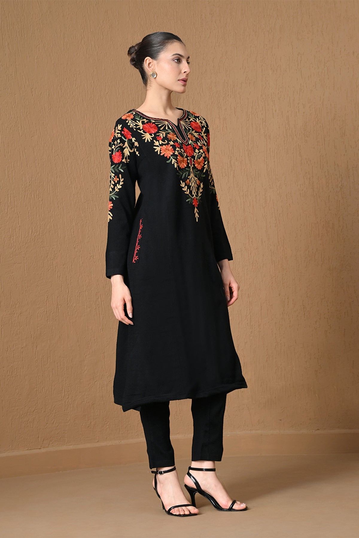 Winter Black Floral Embroidered Woven Kurta 2 Pcs Set