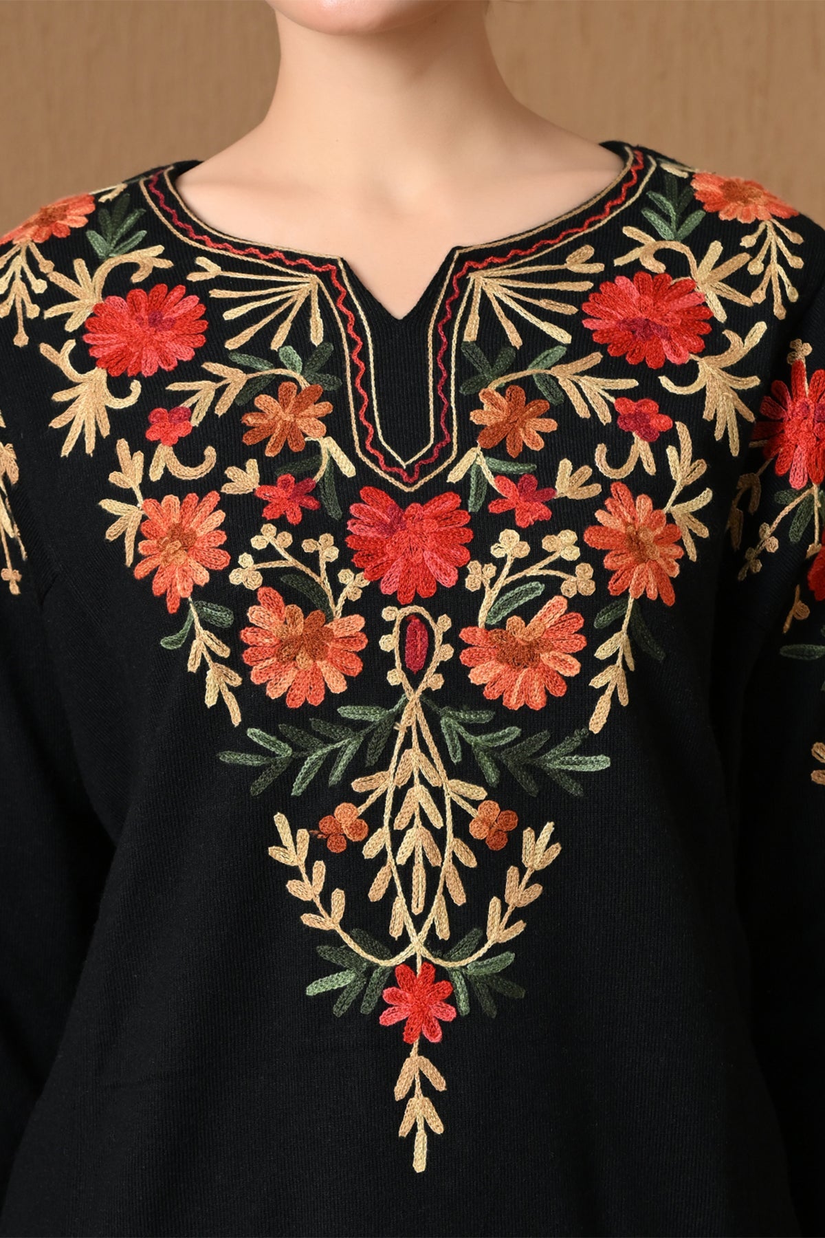 Winter Black Floral Embroidered Woven Kurta 2 Pcs Set