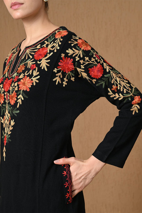 Winter Black Floral Embroidered Woven Kurta 2 Pcs Set