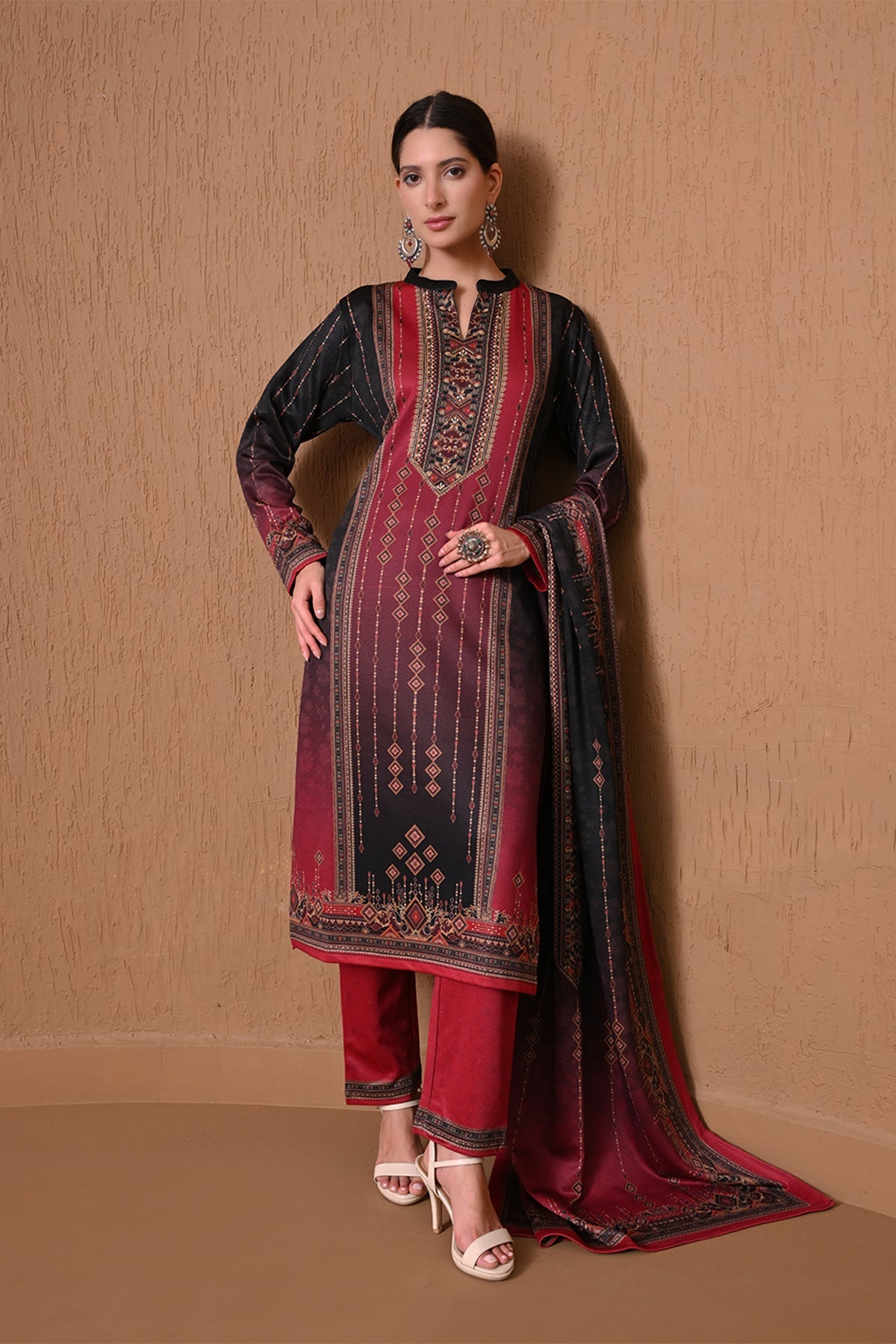 Winter Red and Black Ombre Printed Kurta 3 Pcs Set