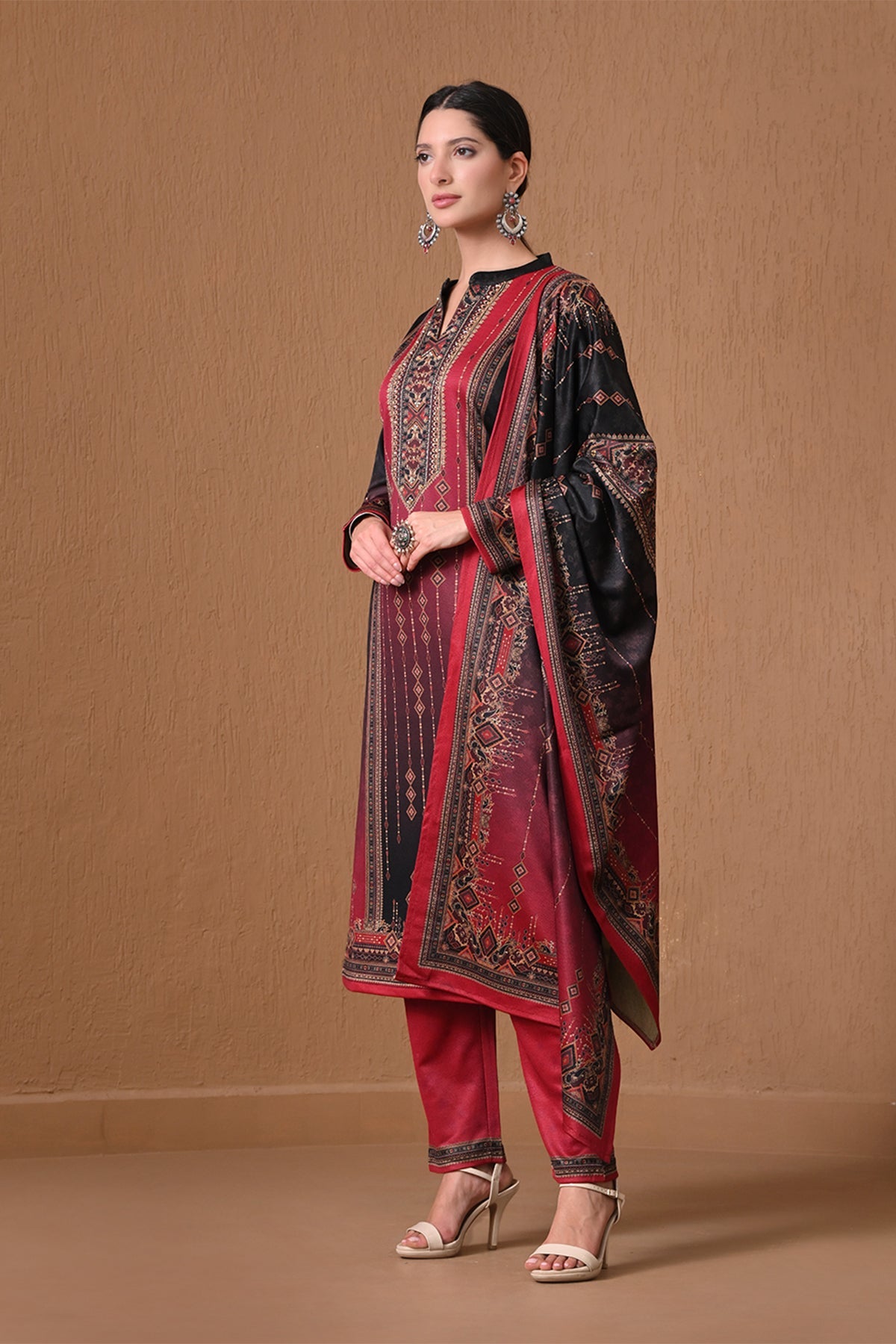 Winter Red and Black Ombre Printed Kurta 3 Pcs Set